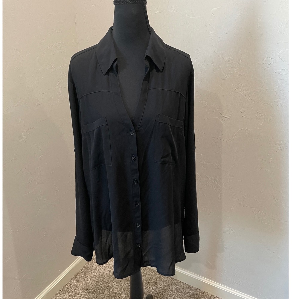 Express Womens XL Black Roll Tab Long Sleeve Button Down Utility Shirt Top